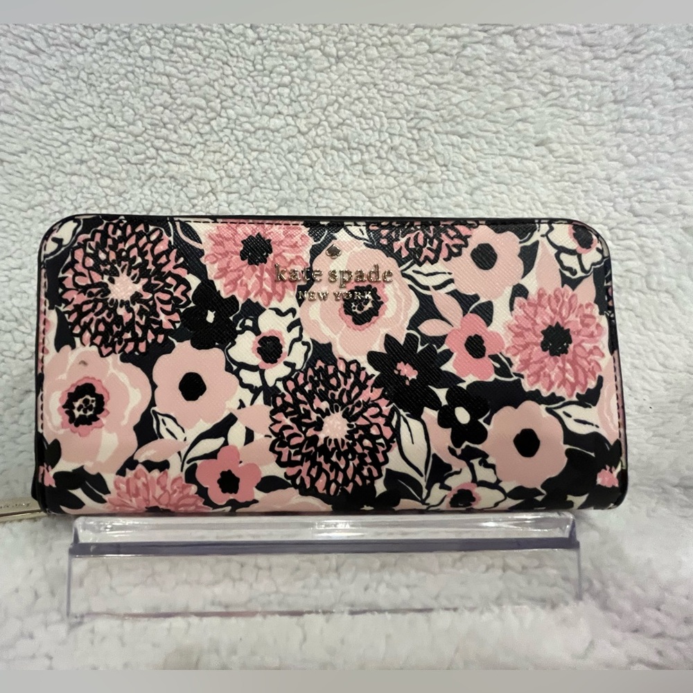 kate spade Floral Zip Around Wallet in Pink, Black, Cream